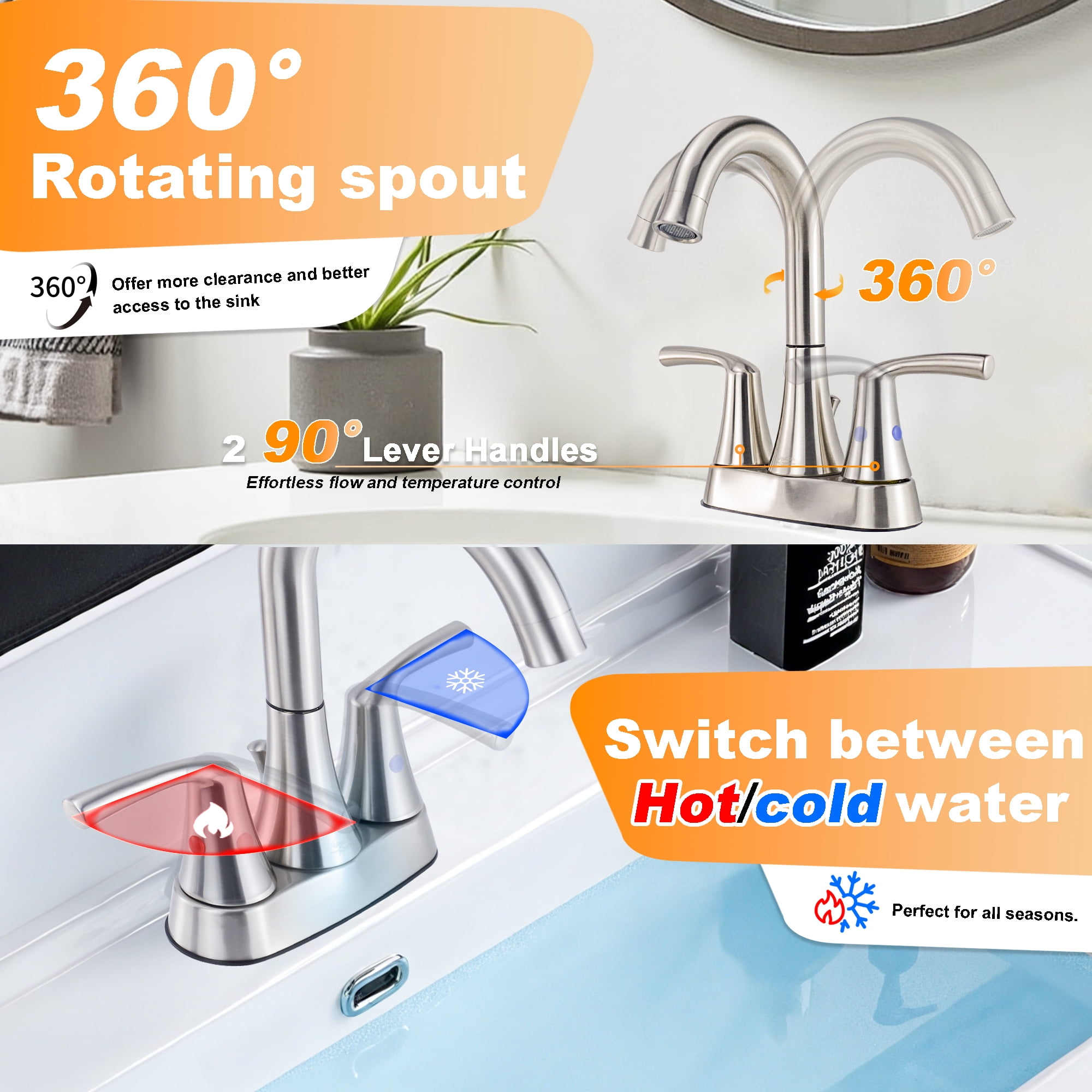 Sunrinx 4-Inch Bathroom Faucet Brushed Nickel 2 Handle Centerset High Arc Sink Faucet