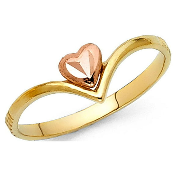Heart Ring Solid 14k Yellow & Rose Gold V Shape Band Polished Finish Genuine Two Tone 7MM, Size 7
