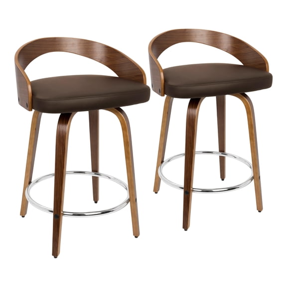 Grotto Mid-Century Modern Counter Stool with Swivel in Walnut with Brown Faux Leather by LumiSource - Set of 2