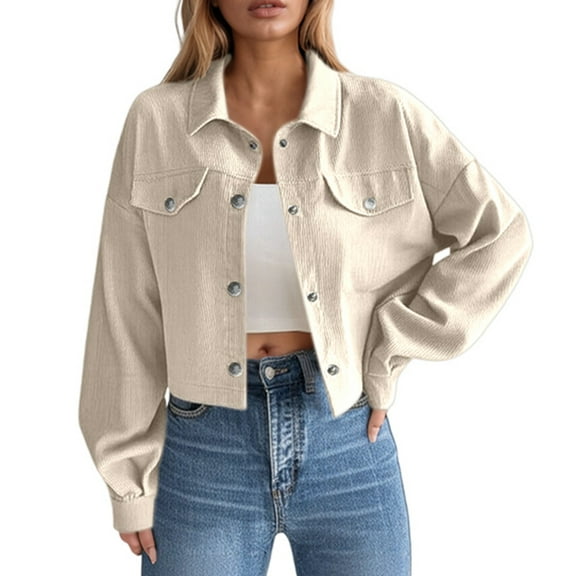 Women's Casual Jacket Button Down Corduroy Cropped Shackets Fall Trendy Long Sleeve Relaxed Fit Trucker Cardigan with Pockets