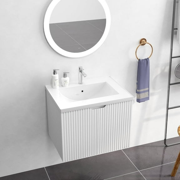 Floating Vanity Bathroom, Wall Mounted Single Sink Bathroom Vanity, Modern Bathroom Vanity with Sink, Bathroom Vanity Cabinet with White Porcelain Sink & Soft Close Doors (White)