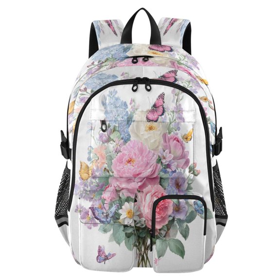 Large Capacity Student Backpack, 14 Inch Laptop Backpack, Wear-Resistant Polyester Travel Backpack with Reflective Strips for Commuting Outdoor Beautiful Flowers
