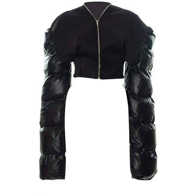 PENGXIANG Women Down Panel Flight Bomber Short Cropped Jacket Coat Color Patchwork Stand V Neck Streetwear Autumn Winter