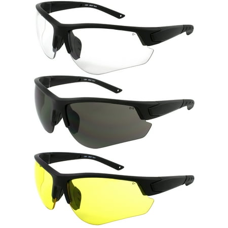 

3 Pairs of Epoch Eyewear Grunt Tactical Shooting Range Safety Sunglasses Black Frames with Smoke Clear & Yellow Lenses