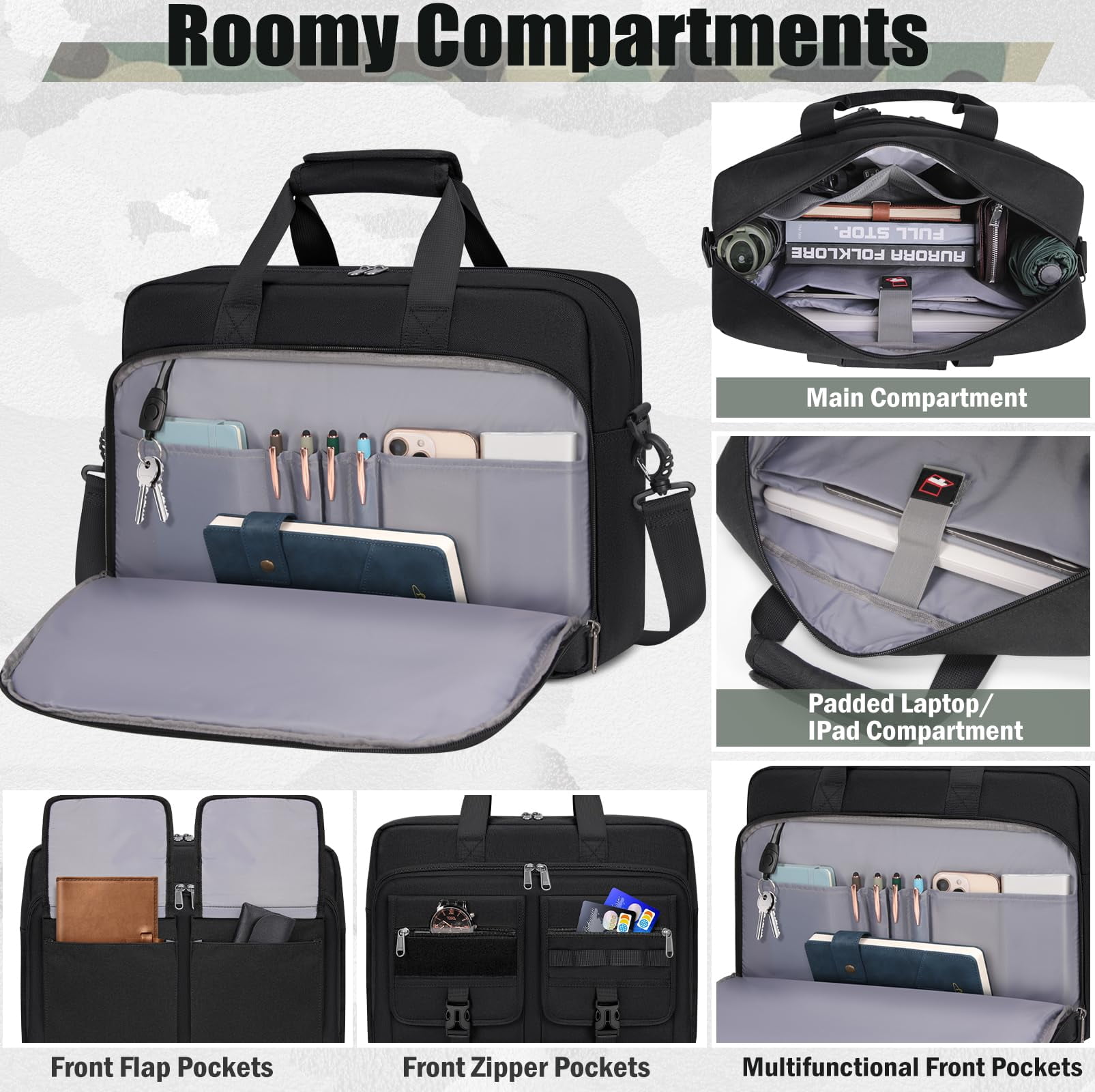 RAINSMORE 15.6 Inch Laptop Bag for Men Messenger Bag Business Laptop Briefcase with MOLLE System Large Travel,Black