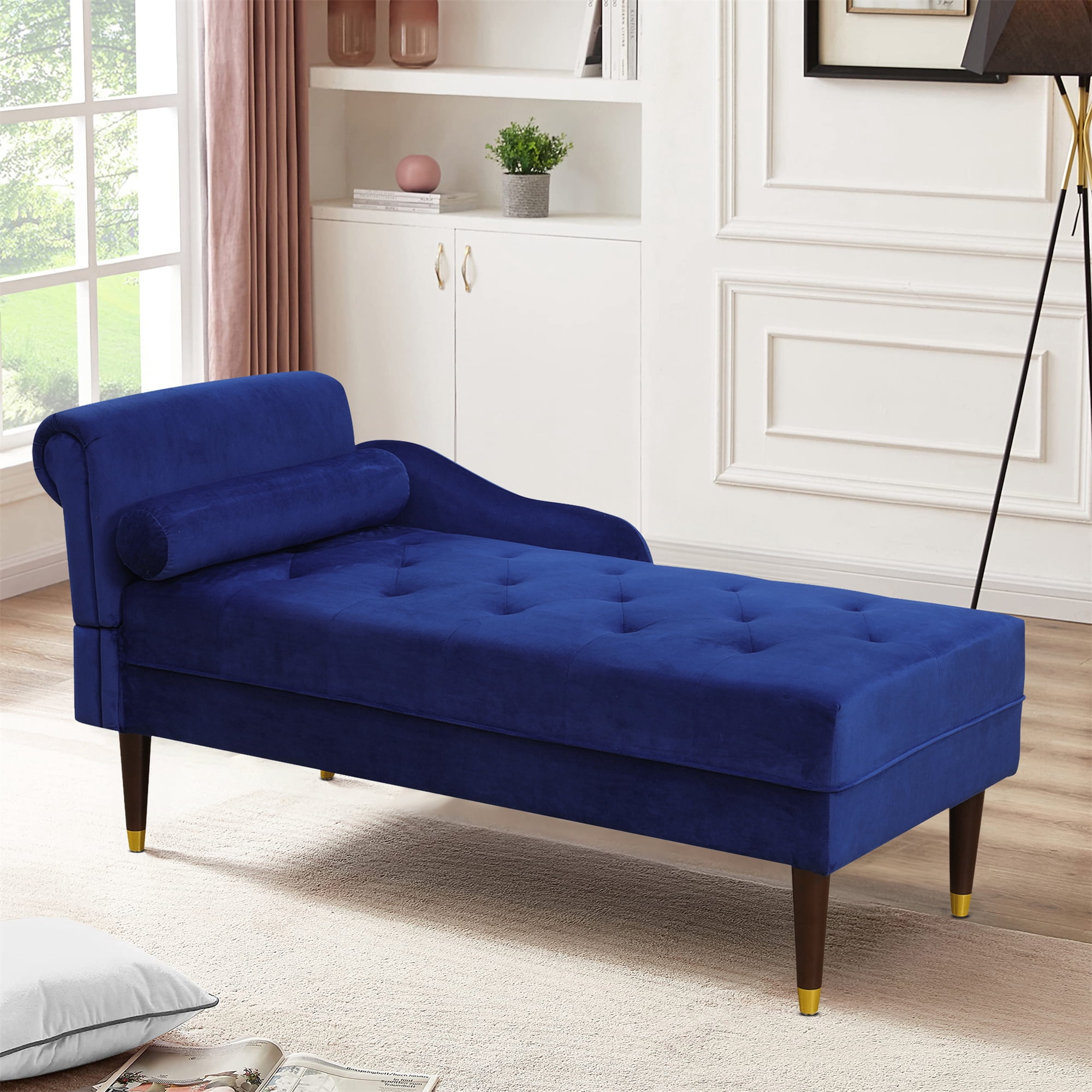 Aukfa 59" Velvet Chaise Lounge Indoor Upholstered Tufted Sofa w/ Pillow for Living Room Bedroom, Blue