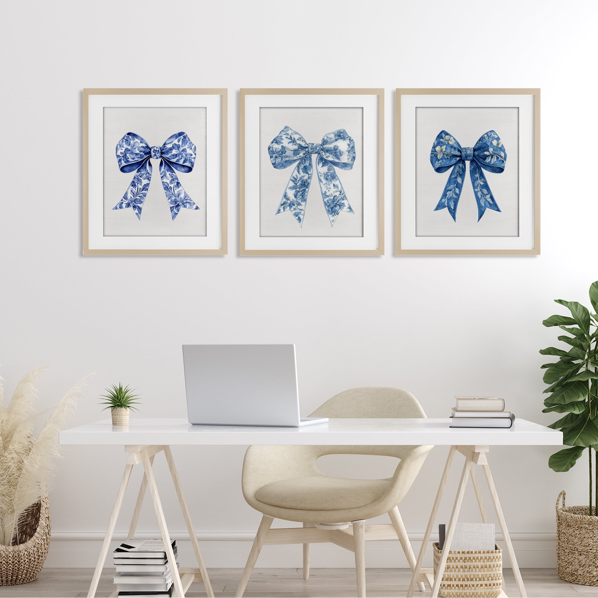 Vintage Toile Pattern Bows 3 Piece Birch Framed Print Under Glass Set, design by Lettered and Lined