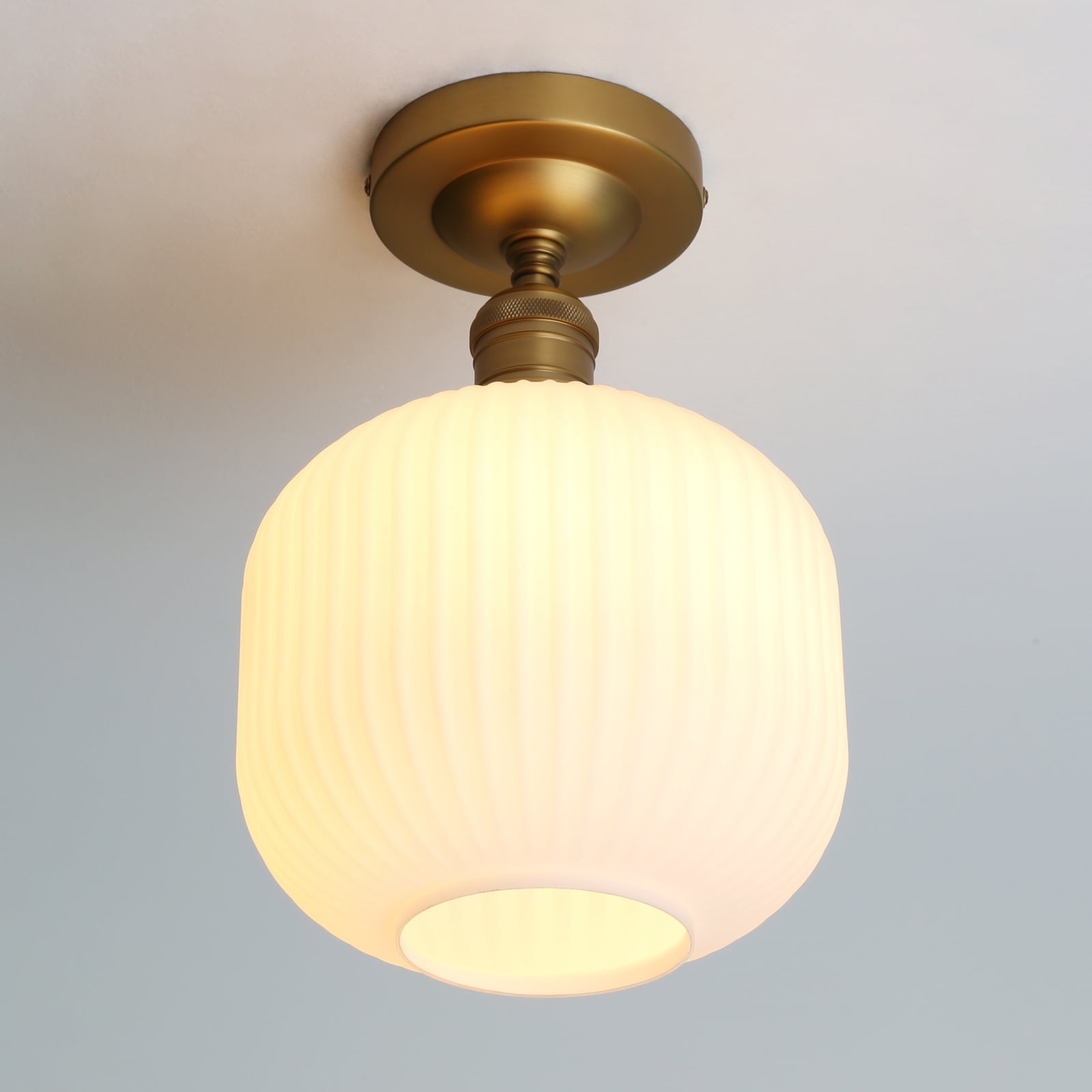 Pathson Industrial Semi Flush Mount Ceiling Light, Milky White Ribbed Glass Close to Ceiling Light for Living Room Dinning Room Kitchen Porch