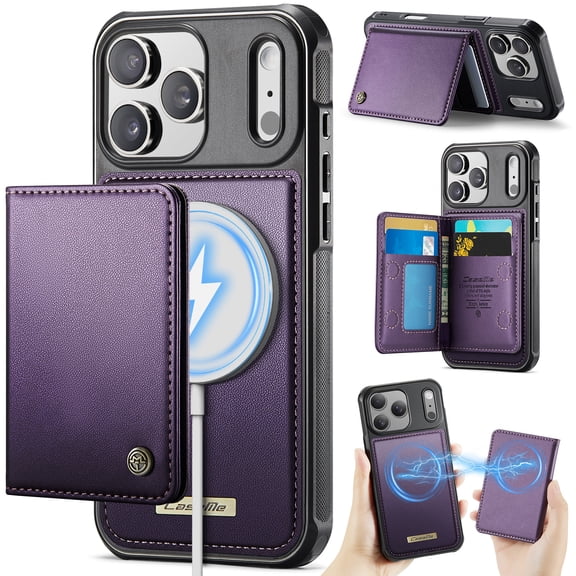 Dteck Detachable Magnetic Wallet Case for iPhone 17 Pro,Shockproof Leather TPU Card Slots Cash Pocket RFID Blocking Case Compatible with Mag Safe Kickstand Cover ,Purple