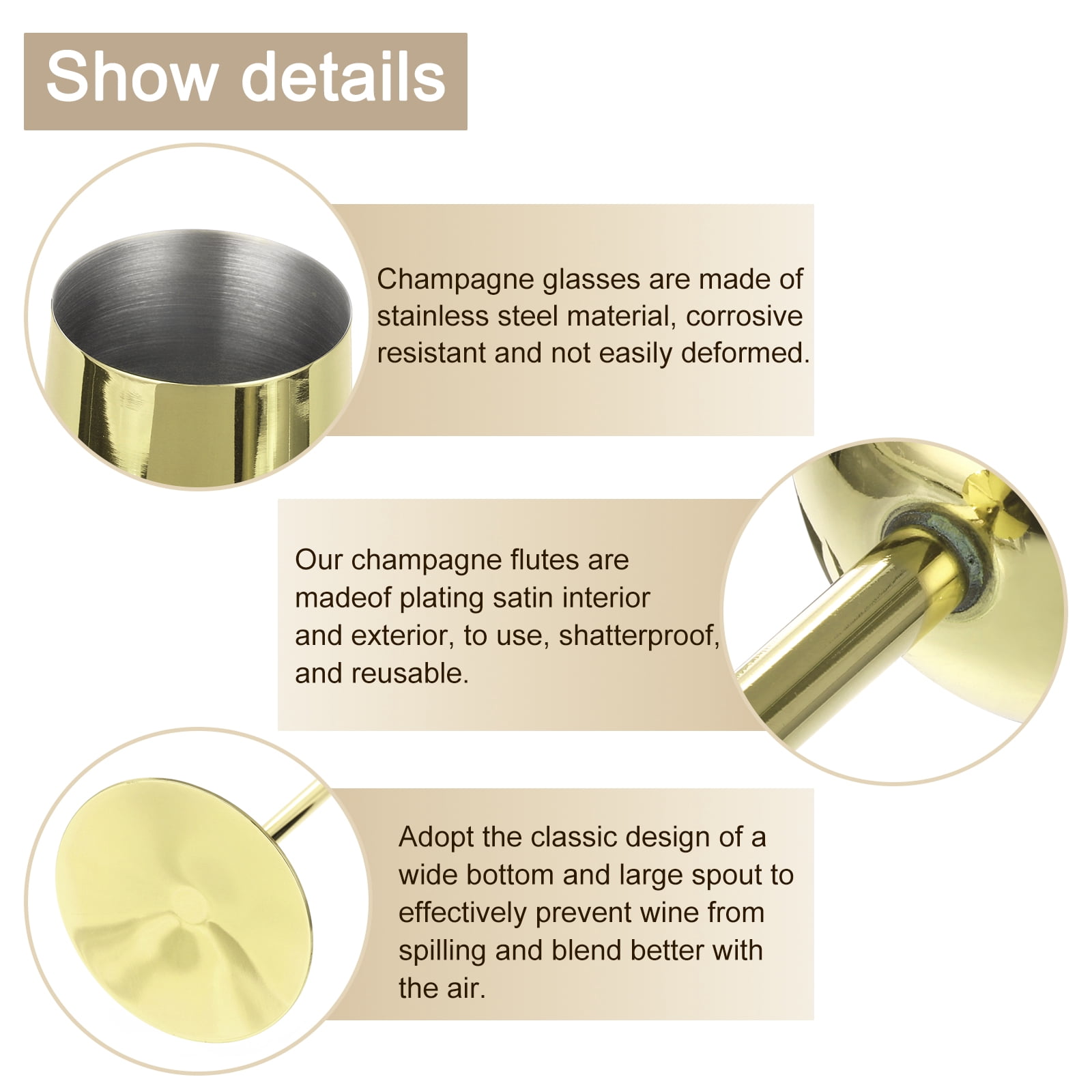 Unbreakable Stemmed Champagne Glasses, 270ml/9 OZ Red Wine Glass Metal Stemmed Shatter Proof Champagne Flutes，Gold