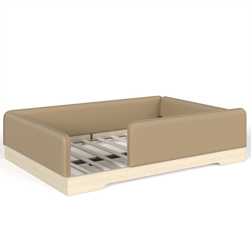 Full Size Faux Leather Upholstered Floor Bed, Kids Montessori Bed Frame with Removable Guardrail, Low Profile Platform Bed