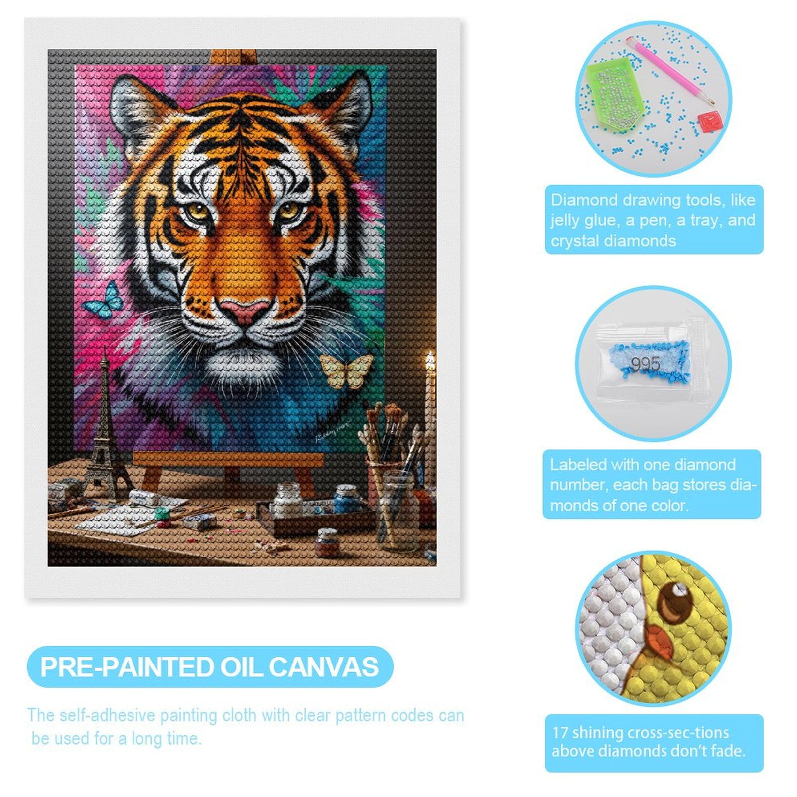 Diamond Art Kits for Adults, Tiger Canvas Vivid Colors Art Supplies 5D Diamond Painting Kits for Adults Beginners, DIY Full Drill Diamond Painting, Gem Art and Crafts 12x16