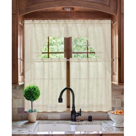 Ivory Ella Returns K66 IVORY 3-PC Luxurious Sheer Organza Kitchen Rod Pocket Window Curtain Treatment Set, Beautiful Solid Tier Panels with Matching Valance Swag ()