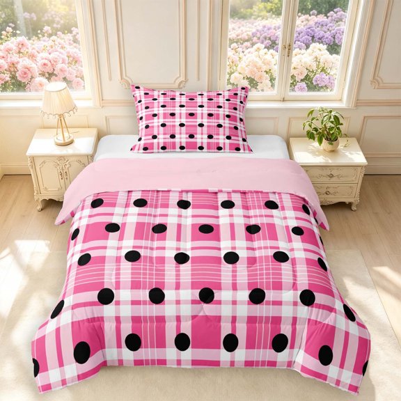 Manfei Modern Checkered Twin Comforter Sets,Minimalist Polka Dot Bedding Set,Pink White,Pink Reversible,2pcs,1 Comforter and 1 Pillowcase,2pcs,1 Comforter and 1 Pillowcase