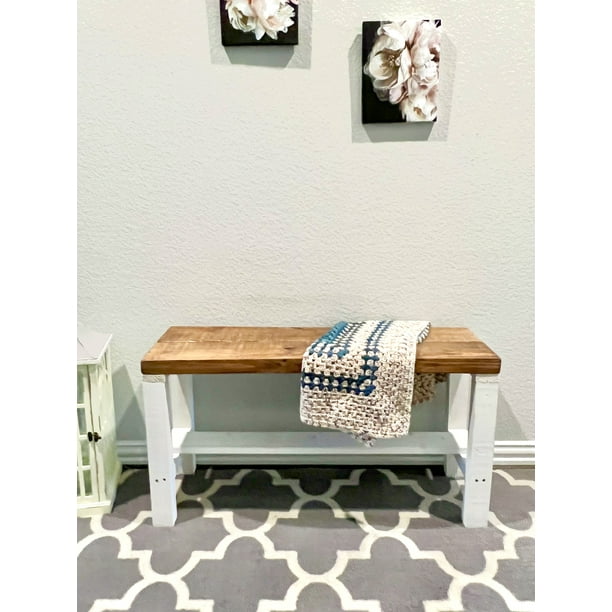 Rustic Bella Two Tone Real Solid Wood Entryway Accent Bench, White and