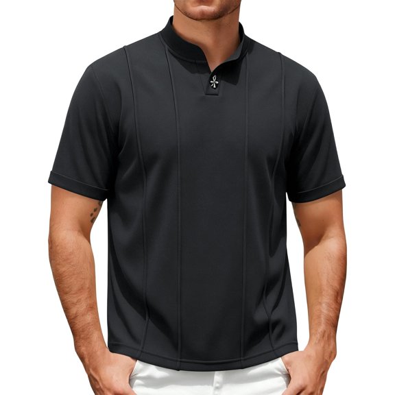 hoksml Men's Short Sleeve Collared T-Shirt, Vertical Seam Relaxed Fit Soft Top with Stand Mandarin Collar for Business Golf Daily Outdoor Casual Wear