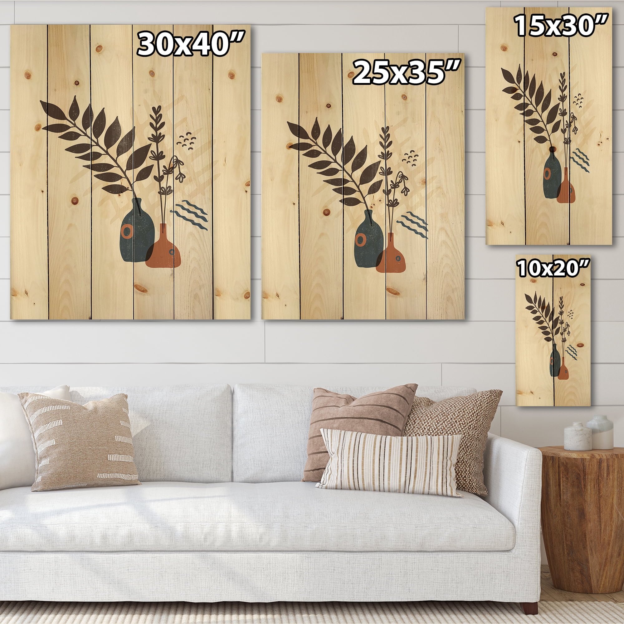 Designart 'Ancient Boho Art Minimalistic Flowers I' Modern Print on Natural Pine Wood