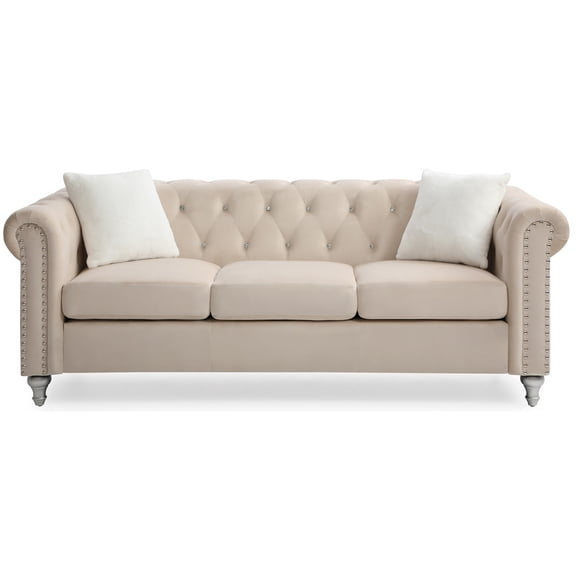 Beige Velvet Sofa - 3 Seater with Pillows, 83" Tufted Design Living Room Couch
