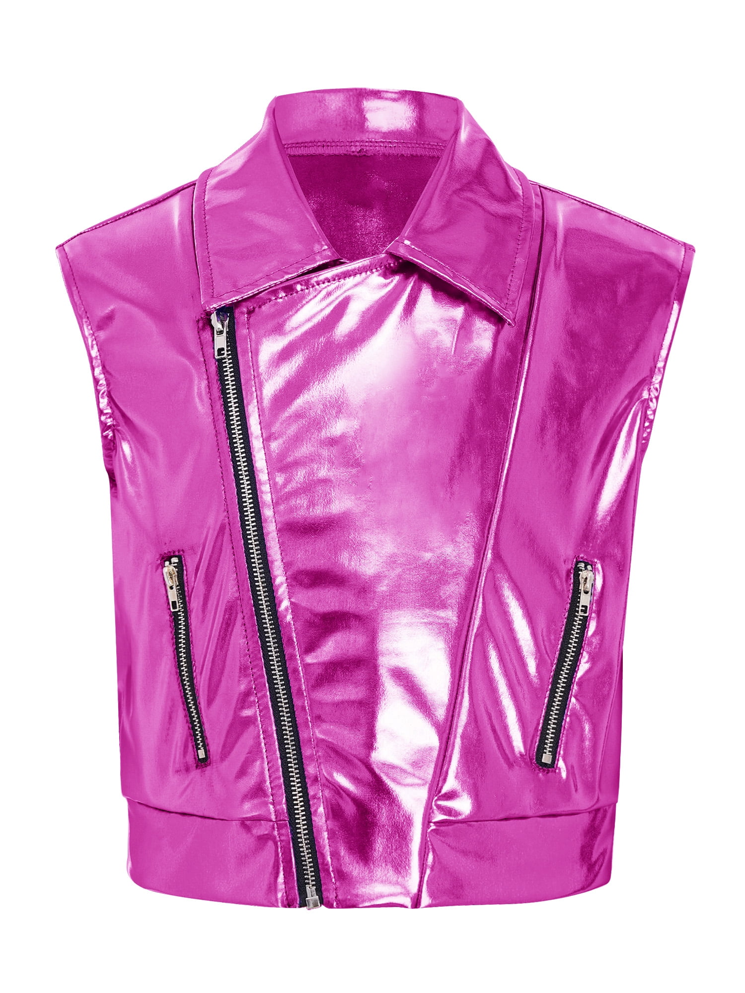 pink boys zip up vest Kaerm Kids Shiny Dancing Party Outerwear Vest Girls Jazz Hip Hop Dance Jacket  Zip Up Streetwear Tops Hot Pink 14