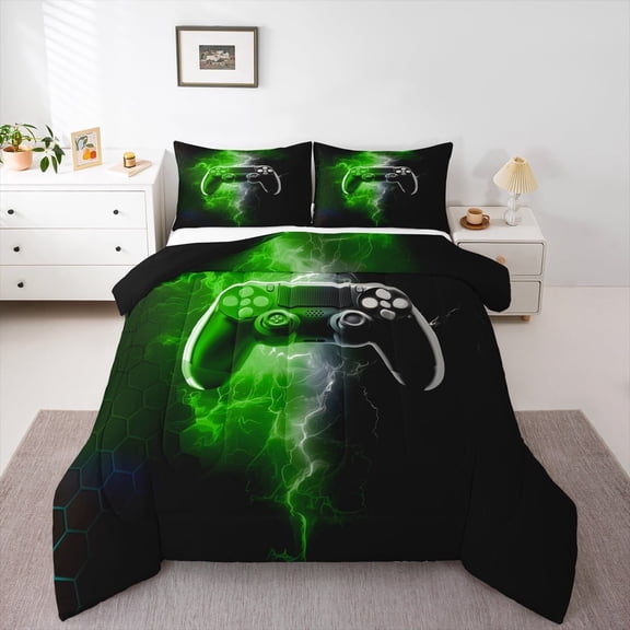 Erosebridal Boys Gamepads Bedding Twin Comforter Set,Geometric Honeycomb Down Comforter,Gradient Lightning Bedding Sets Twin with Comforter,Microfiber Abstract Bedroom Decorative,Reversible,3pcs