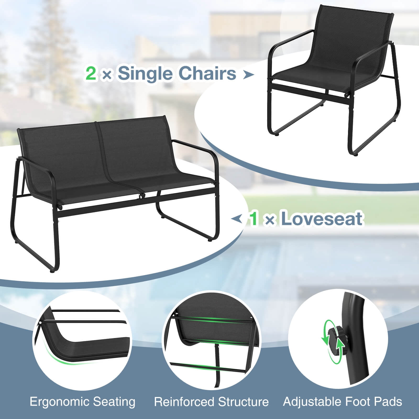 Costway 4 PCS Patio Furniture Set Fabric Lawn Chairs and Loveseat with  Coffee Table