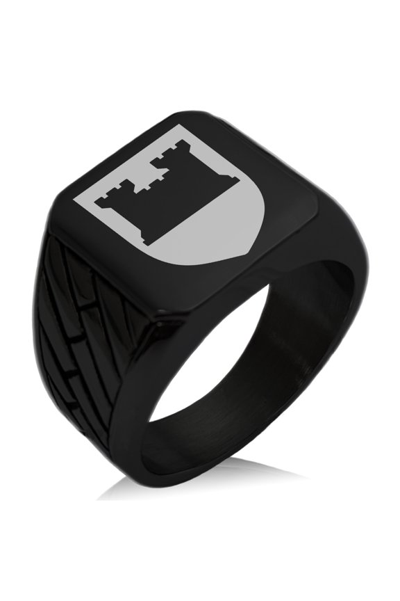 Stainless Steel Castle Protection Coat of Arms Shield Geometric Pattern Biker Style Polished Ring