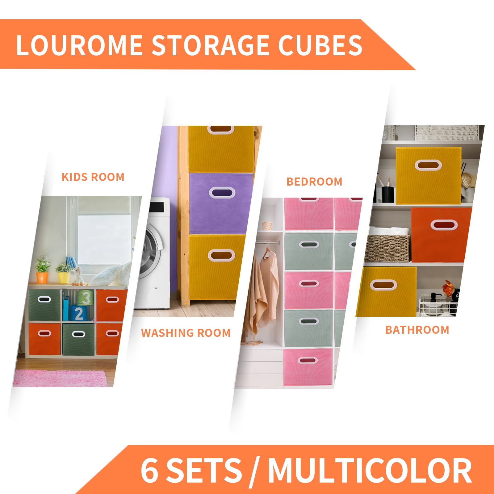 Lourome Storage Cubes, 11-inch Cube Storage Bin, 6 Sets Foldable Fabric Storage Cubes With Handles, 6 Cube Storage Organizer, Storage Cube Bins for Toys, Clothes and Books.
