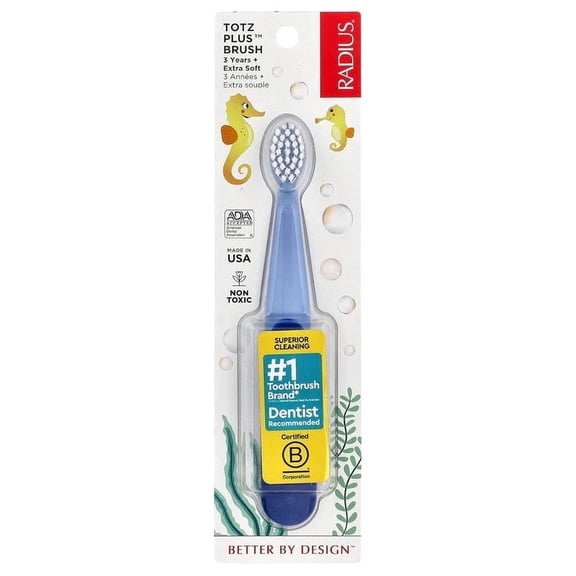 RADIUS Totz Plus Brush Kids Toothbrush Silky Soft BPA Free ADA Accepted Designed for Delicate Teeth & Gums for Children 3 Years & Up - Blue - Pack of 1