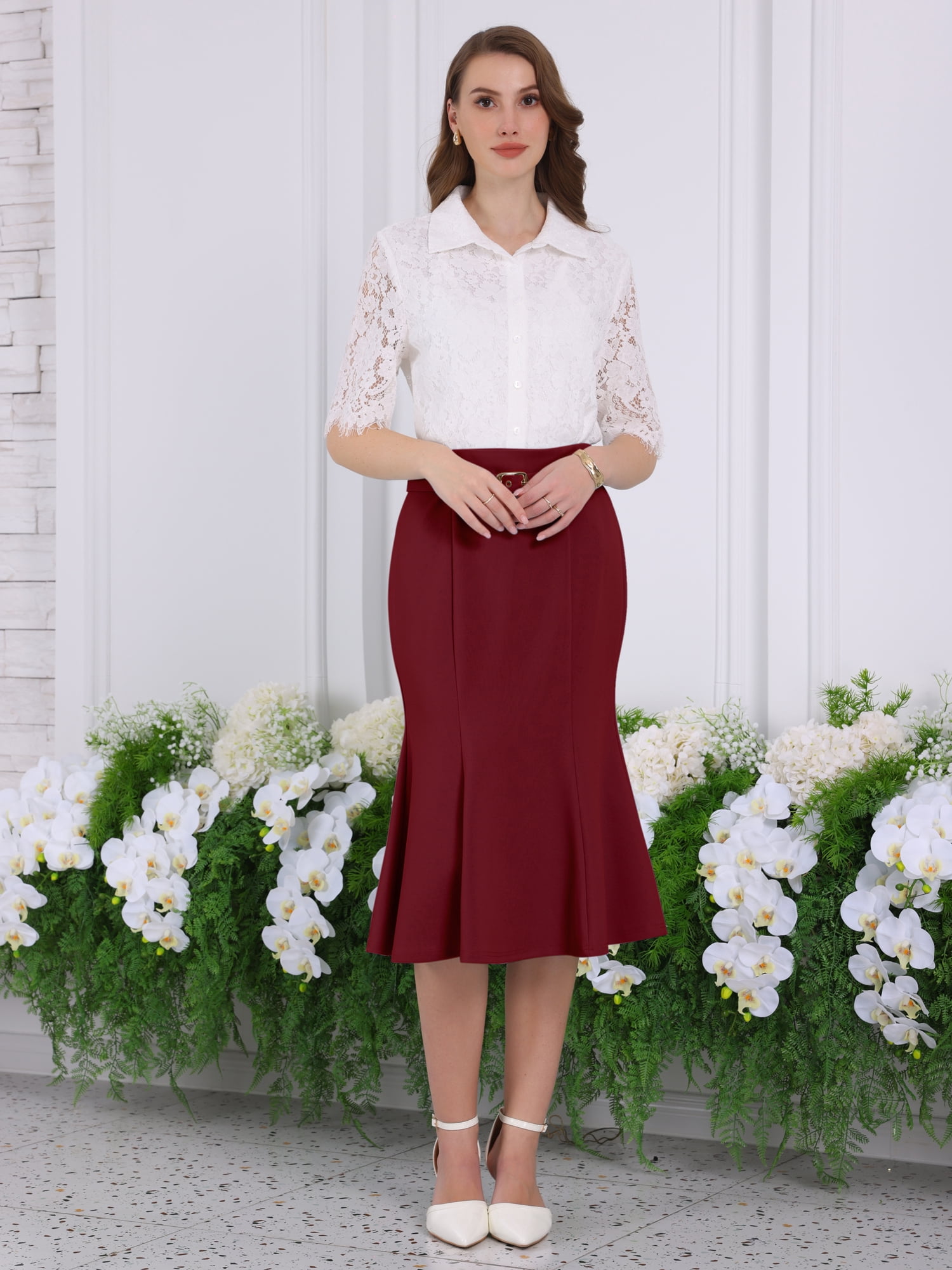 DARING DIVA Women Fishtail High Waist Belted Work Midi Mermaid Skirts 2XL Red
