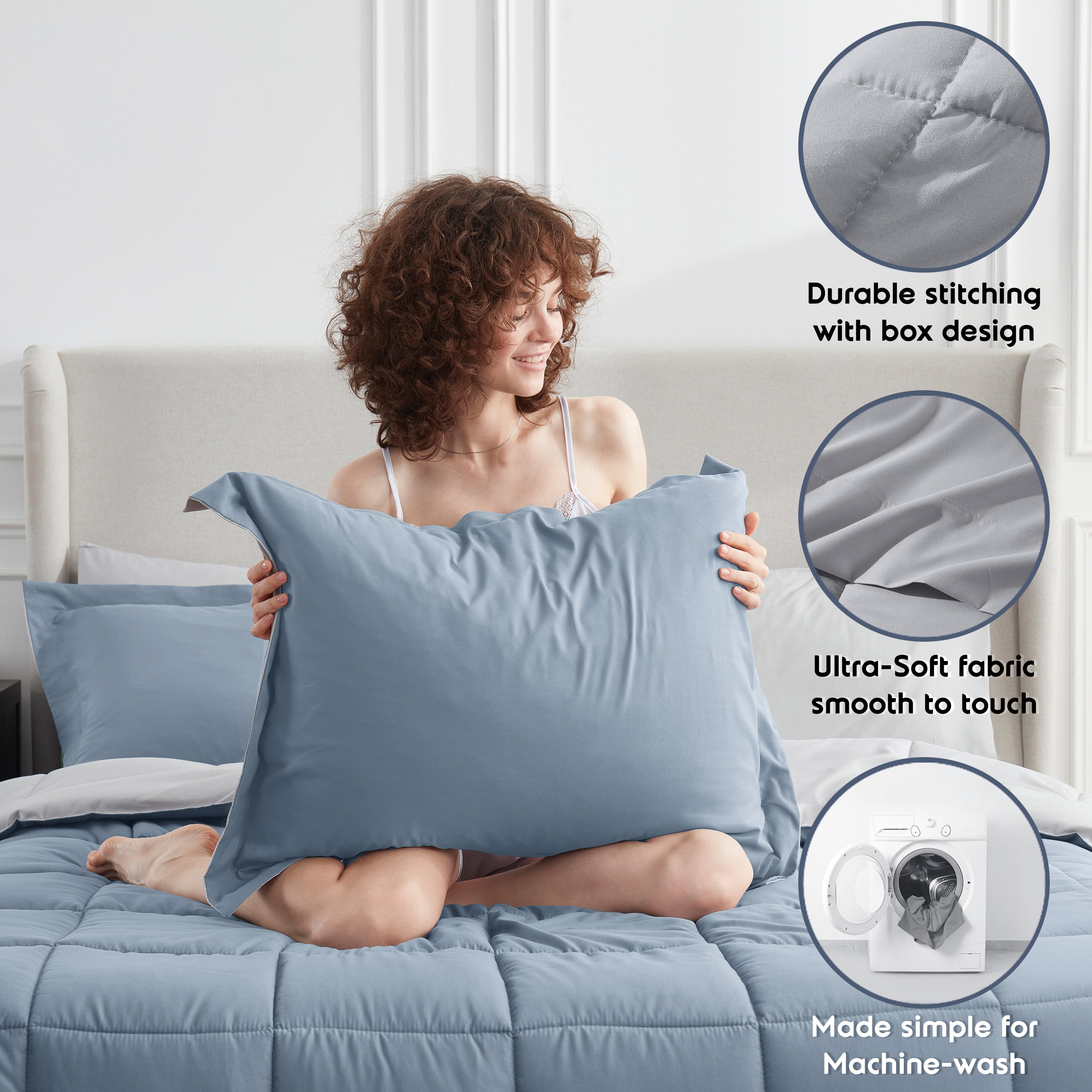 LammaLoe California King Comforter Set, With Sheets, Reversible Bed In A Bag 7 Piece, Bedding Set, Stone Blue