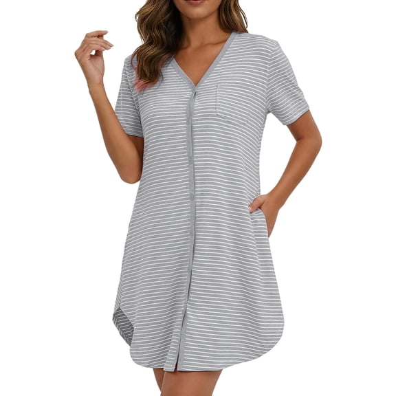 MecTo Women's Soft Cotton Nightgown, Short Sleeve V-Neck Button Down Sleepshirt with Pockets, Casual Striped Night Gowns for Women