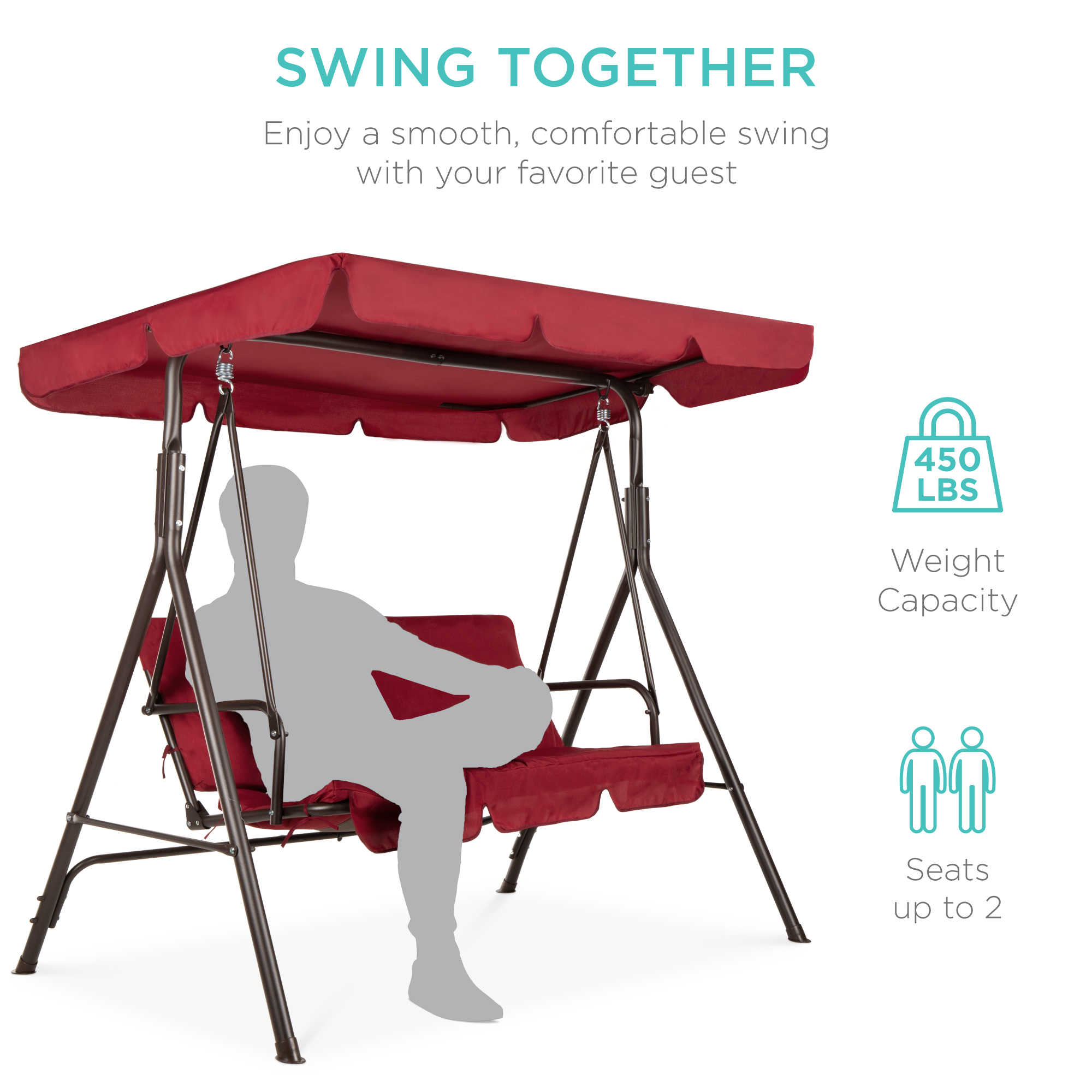Best Choice Products 2-Person Outdoor Convertible Canopy Swing Glider Lounge Chair w/ Removable Cushions - Burgundy - image 2 of 7