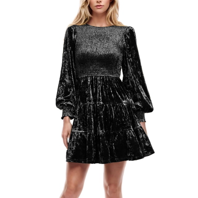 MeetoTime Women's Velvet Dress Knee Length Long Lantern Sleeve Crew Neck Dress Smocked A-Line Ruffle Dress