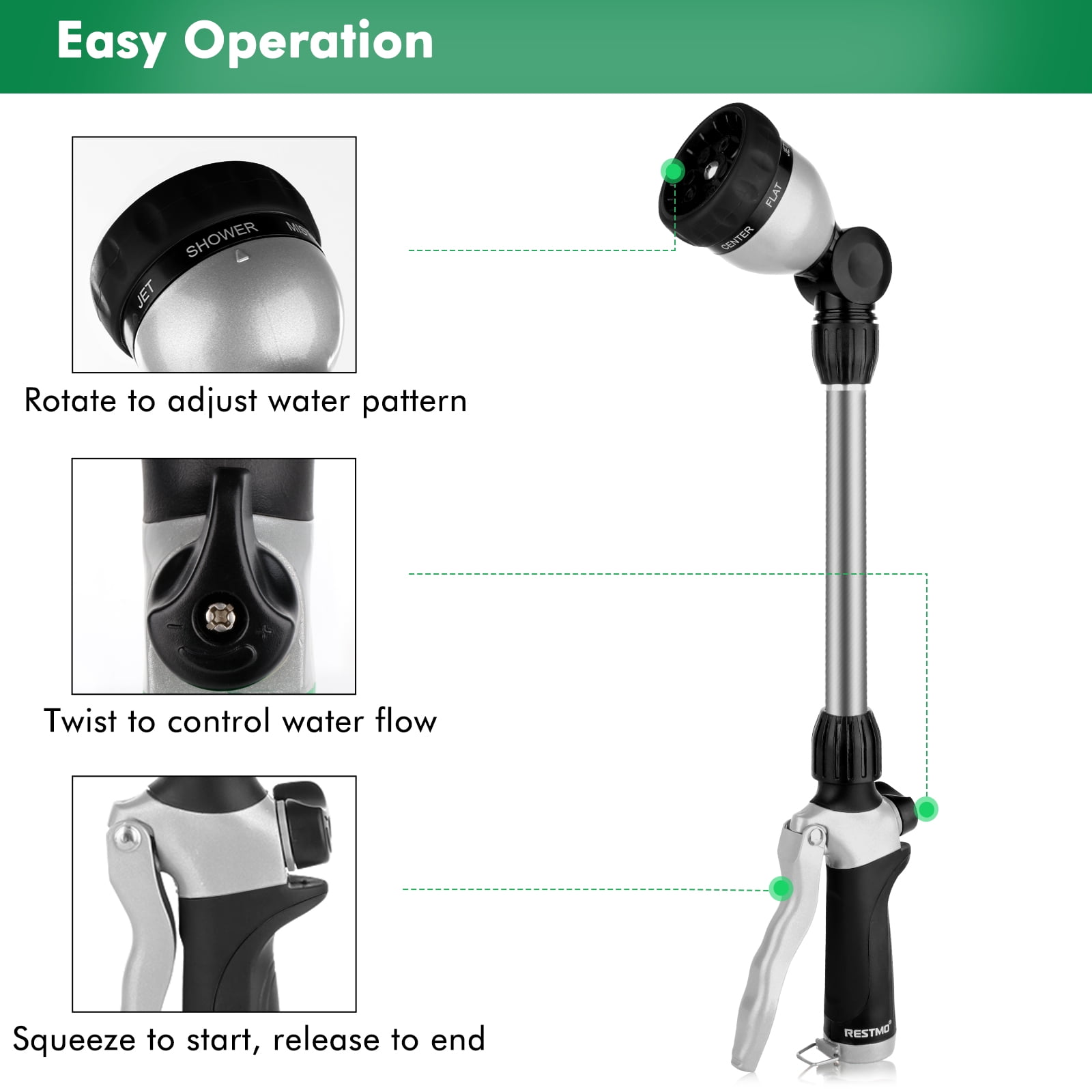 Restmo Metal Watering Wand, Heavy Duty Garden Hose Wand with 180° Swivel Head, 16'' Nozzle, 7 Spray Patterns, Black