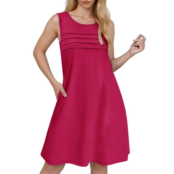 OSOLU Solid Color Women Pleated Front Tank Dresses Fashion Casual Sleeveless Pockets Dress Holiday Hawaiian Flowy Sundress