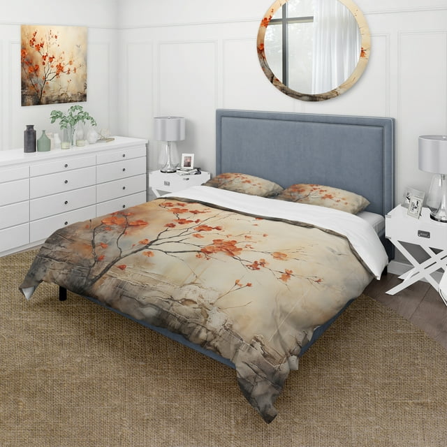 Designart "Glowing Embers Maple Trees wall art I" Floral Bedding Covert Set - Tree Maple Peach Traditional Bed Set With 2 Shams