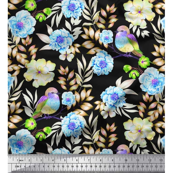 Soimoi Blue Cotton Duck Fabric American Robin,Leaves & Flower Printed Craft Fabric by The Yard 42 Inch Wide