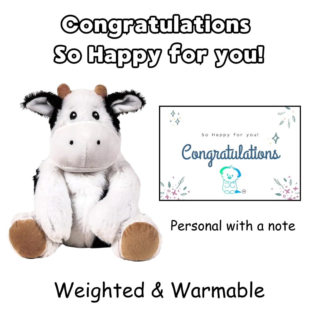 Send A Pet Weighted Warmable Cow Plush with Congratulations Message Card – Personalized Gift, Gift‑Ready