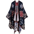 thumbnail image 1 of Women's Color Block Shawl Wrap Plus Size Cardigan Poncho Cape Open Front Long Winter Sweater Coat, 1 of 1
