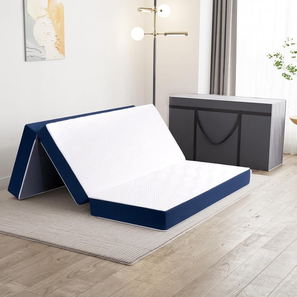 Twolike Twin Folding Mattress with Carry Case, 4 Inch Tri Fold Memory Foam Mattress with Washable Cover, Foldable Mattress Topper with Supporting and Pressure Relief,Twin 75"X 38"X4",Blue