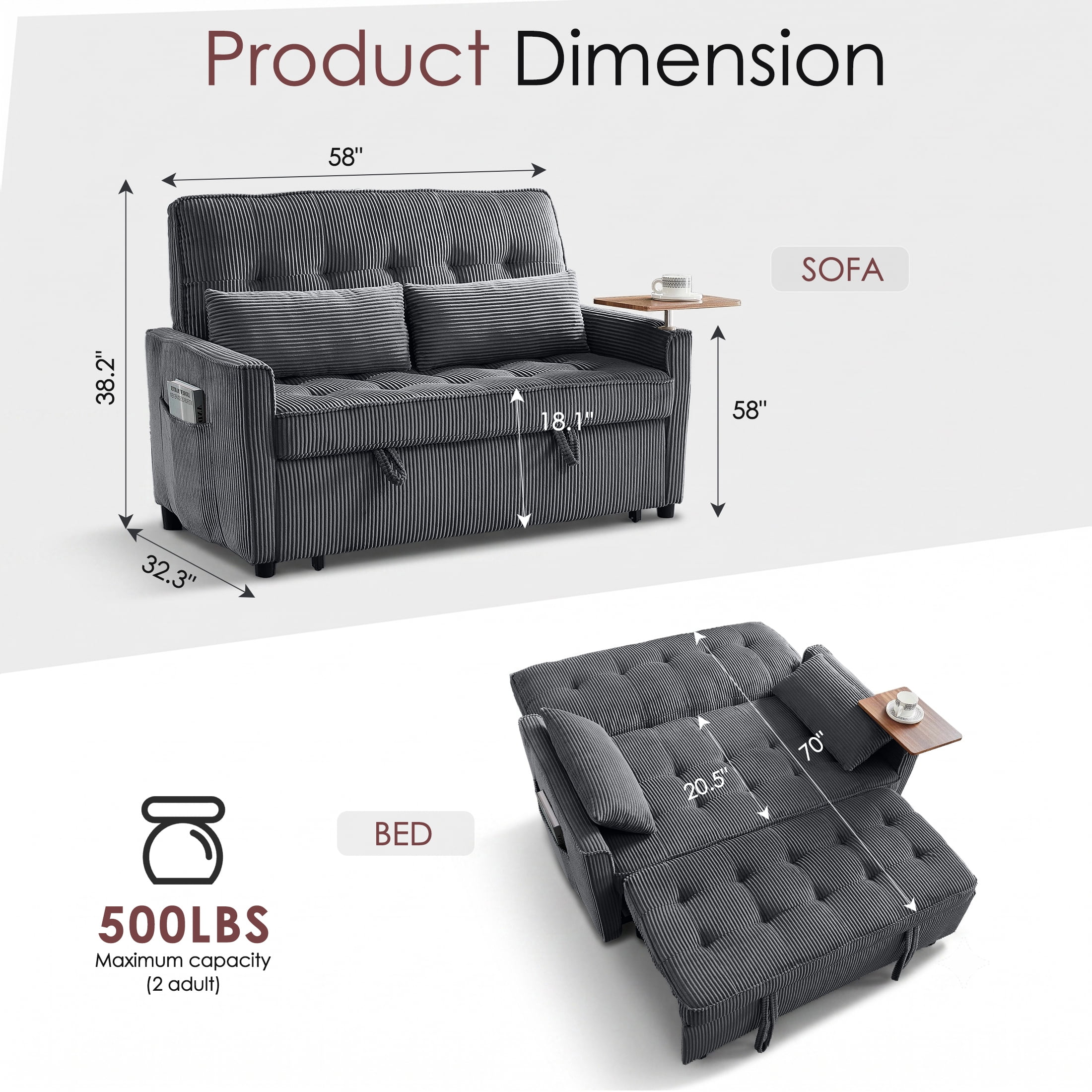 avobird 54'' 3 in 1 Pull Out Sofa Bed, Convertible Couch with Adjustable Backrest/Side Pockets/USB Charging Ports, Sleeper Sofa with small table for Living Room, Dark Gray