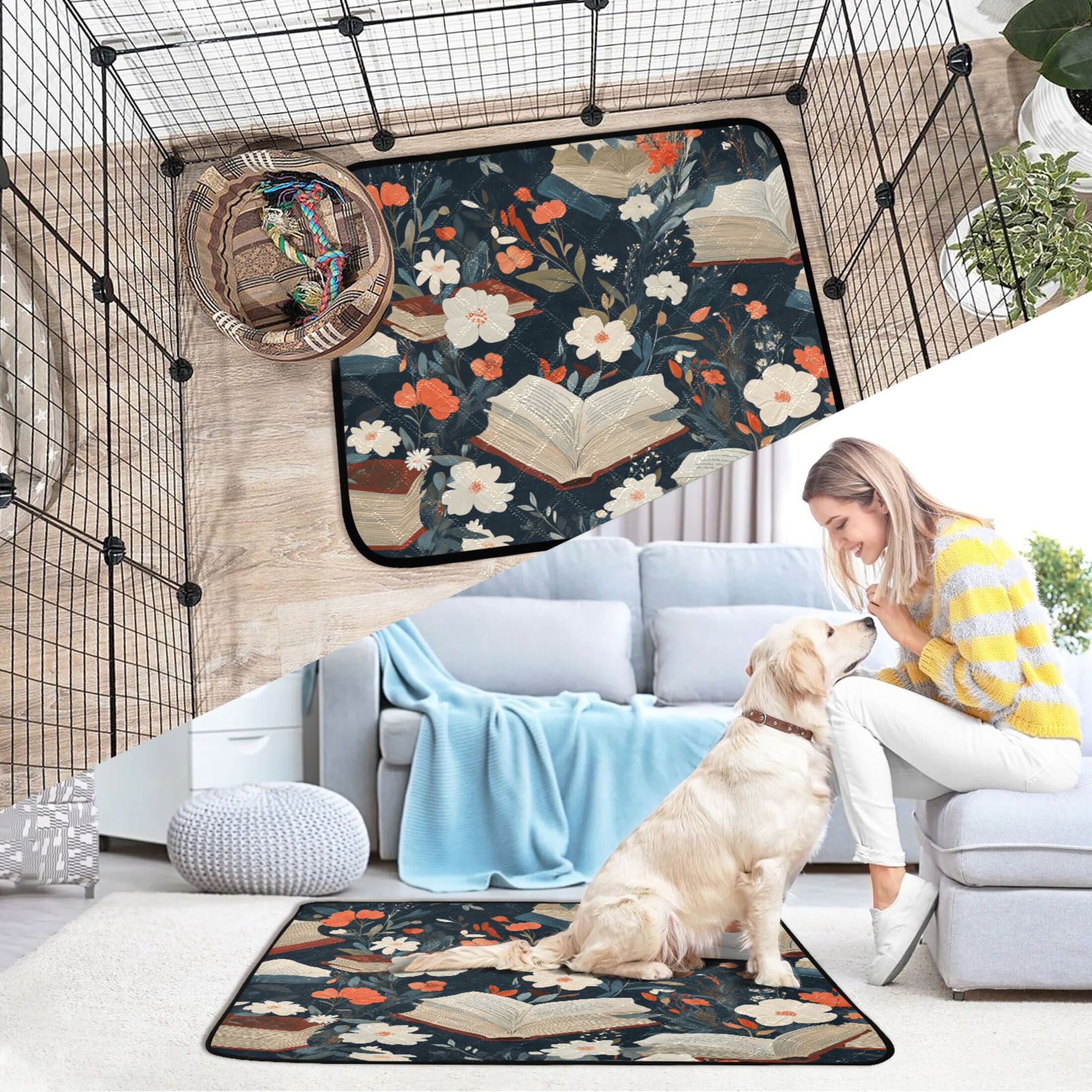 Qxltty Books and Flowers Collide Cat litter Pads Pet Set of 3 Diaper Mats Center Anti-leakage Layer Absorbent Soft and Comfortable