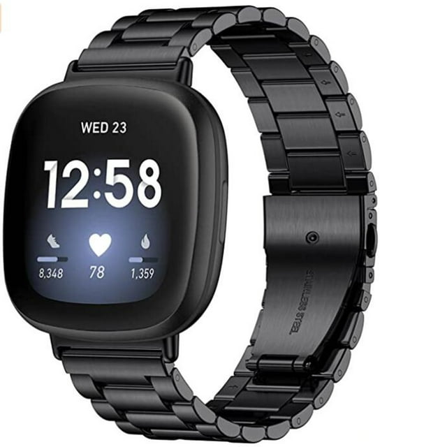 Bracelet Compatible with Fitbit Versa 3 Wristband/Fitbit Sense Bracelet, Adjustable Stainless Steel Metal Replacement Strap with Double Folding Clasp for Fitbit Versa 3/Sense, Men Women, Black