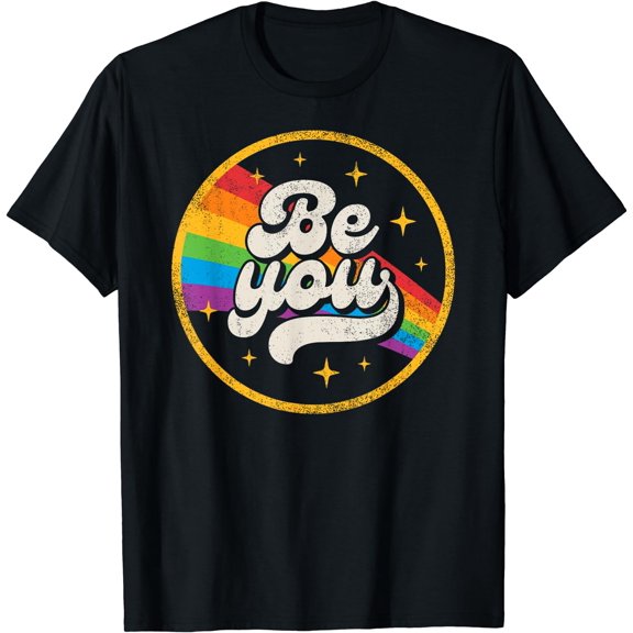 Be You Pride LGBTQ Gay LGBT Ally Rainbow Flag Retro Galaxy T-Shirt Black Large