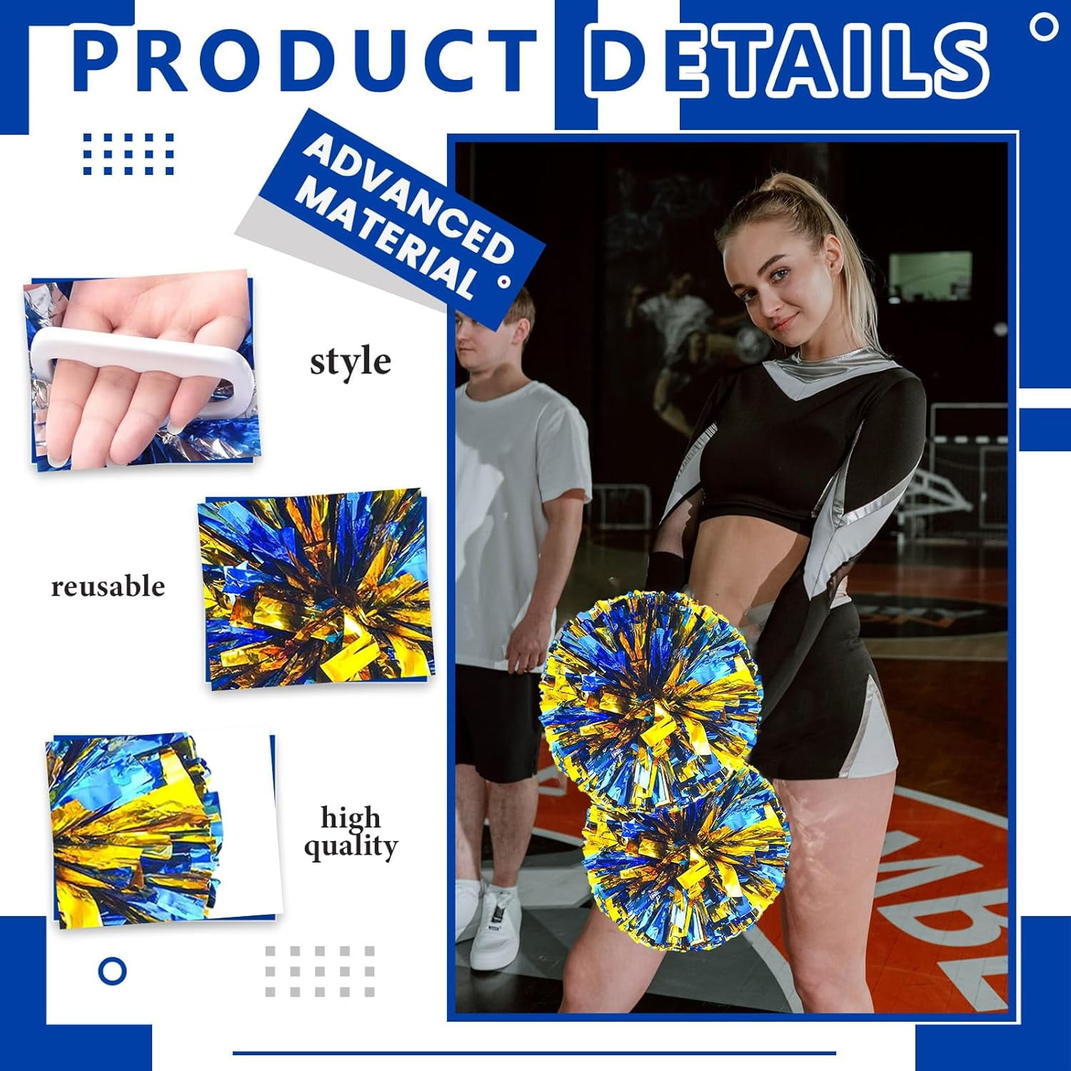 Cheerleader Pom Poms 24 Pack Sports Dance Cheering Plastic Metallic Cheerleading Pom Poms for Kids Adults