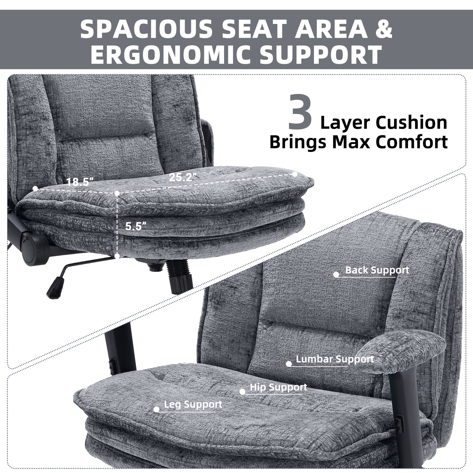 Criss Cross Legged Office Chair with Wide 3 Layer Cushions, Ergonomic Criss Cross Desk Chair with Dynamic Lumbar Support and Flip-up Arms, Mid Back Fabric Swivel Vanity Chair for Work, Study, Leisure