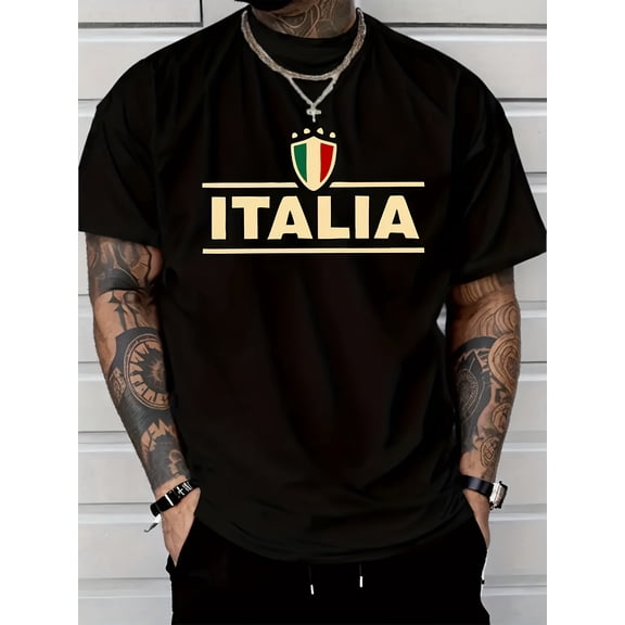 Men's Casual Style Short Sleeve T-Shirt, Italian Letter Print 100% Polyester, Regular Fit Round Neck, Comfortable Stretch Summer Fashion Tee, Casual Attire Apparel, Perfect Gift
