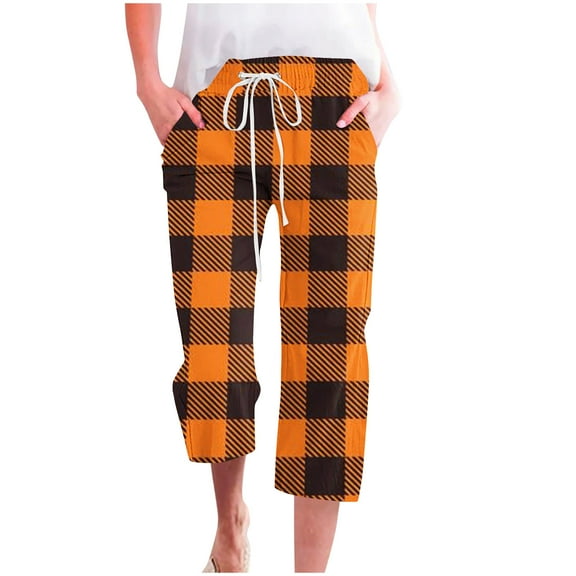 DDAPJ pyju Womens Capri Pants Plaid Print Casual Loose Straight Leg Pants High Waisted Drawstring Yoga Capris Summer Wide Leg Cropped Pants with Pockets Orange M
