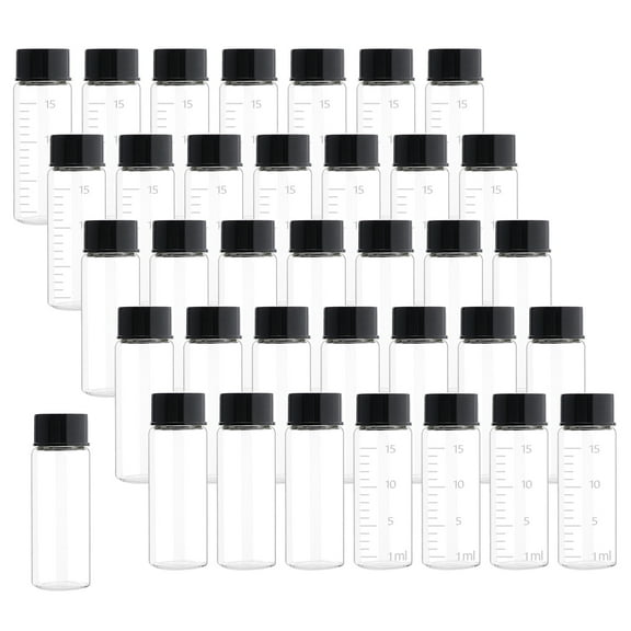 36 PCS 15ml Clear Glass Bottles with Lids Sample Vials with Scale(18pcs), Empty Glass Bottles with Black Screw Cap Lab Liquid Sampling Bottles for Chemistry Lab Chemicals