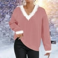 thumbnail image 2 of Womens Christmas Sweaters Holiday Outfit Long Sleeve V Neck Blouses Faux-fur Fluffy Trim Knit Pullover Red Tops (XL, Pink), 2 of 6